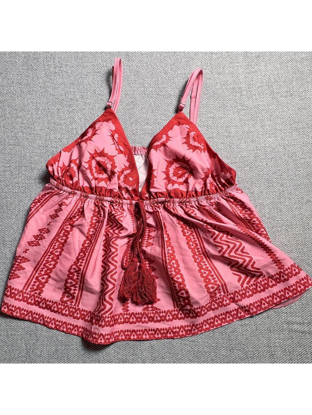 SHEIN Pink and Red Printed Tassel Cami Top
